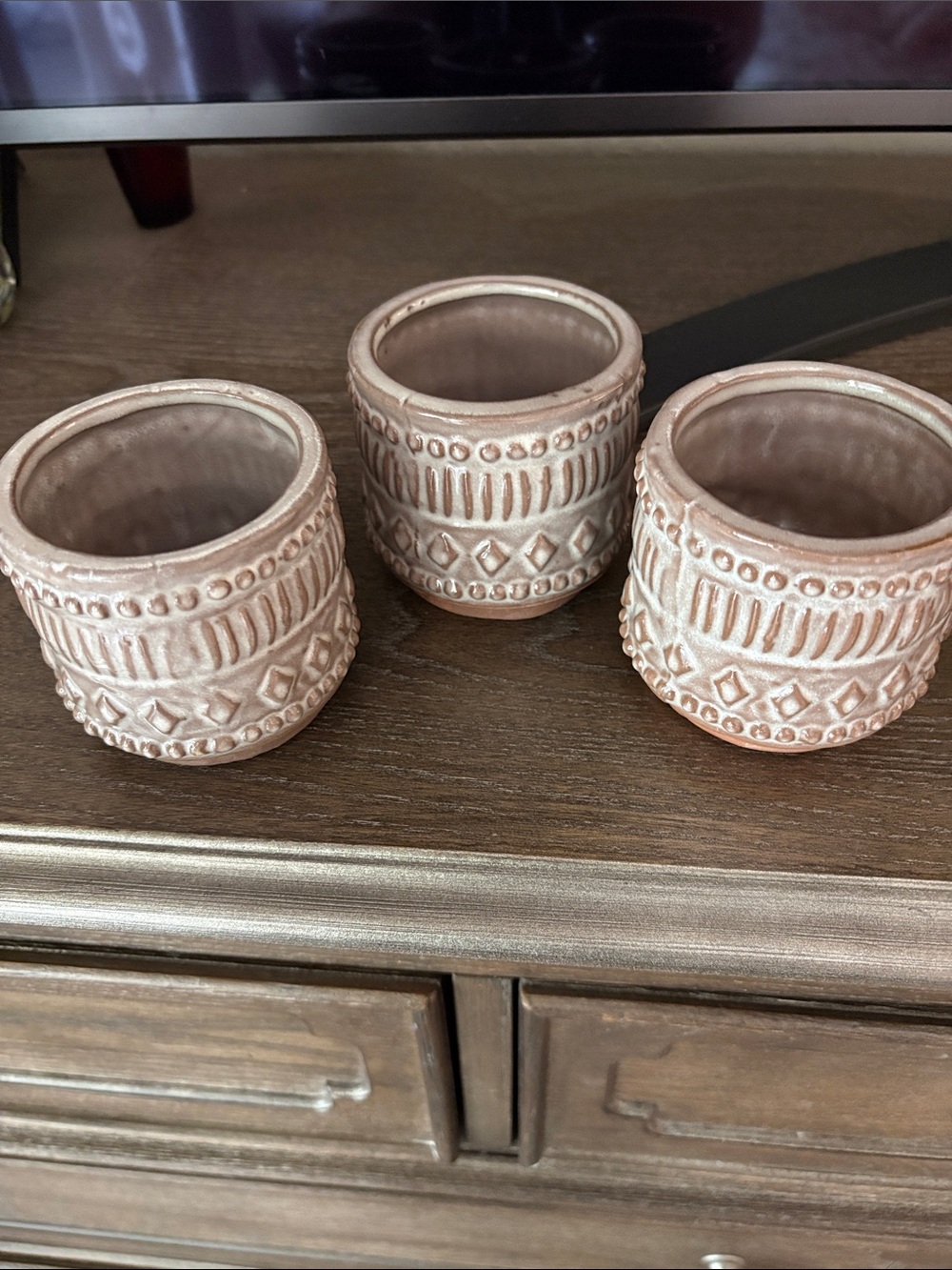 Three Textured Ceramic Planters - taupe Blush